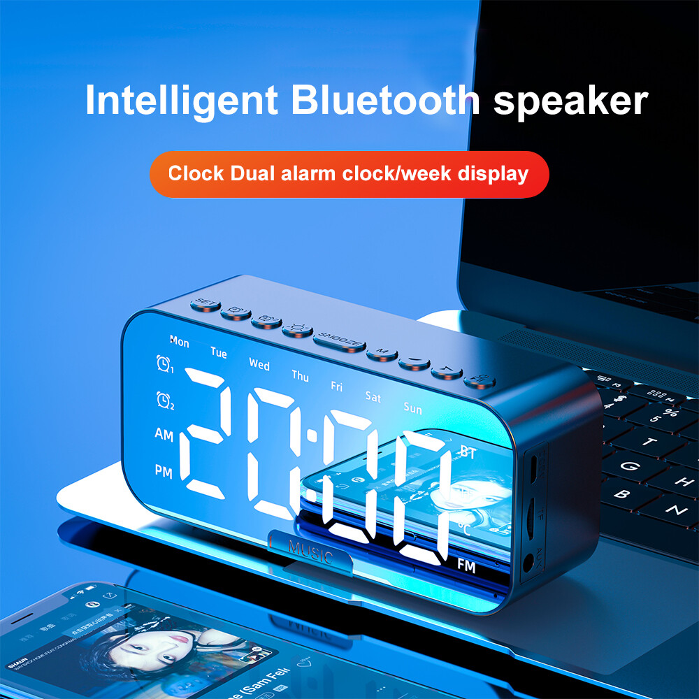 Portable Digital Alarm Clock FM Radio Wireless Bluetooth Mirror LED With Speaker