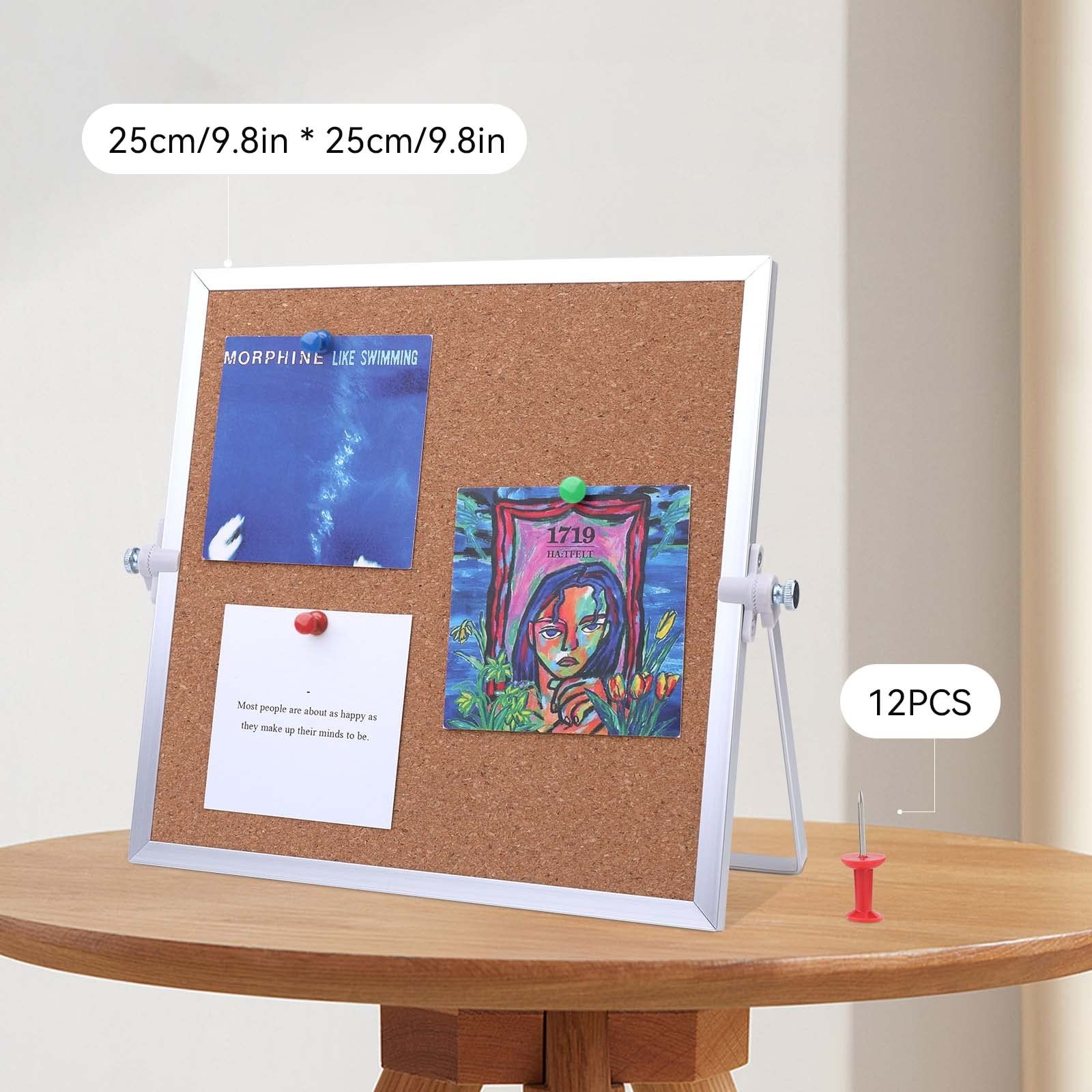 9.8″x9.8″ Cork Bulletin Board Double Sided Pin Board Desk Stand Aluminum Frame