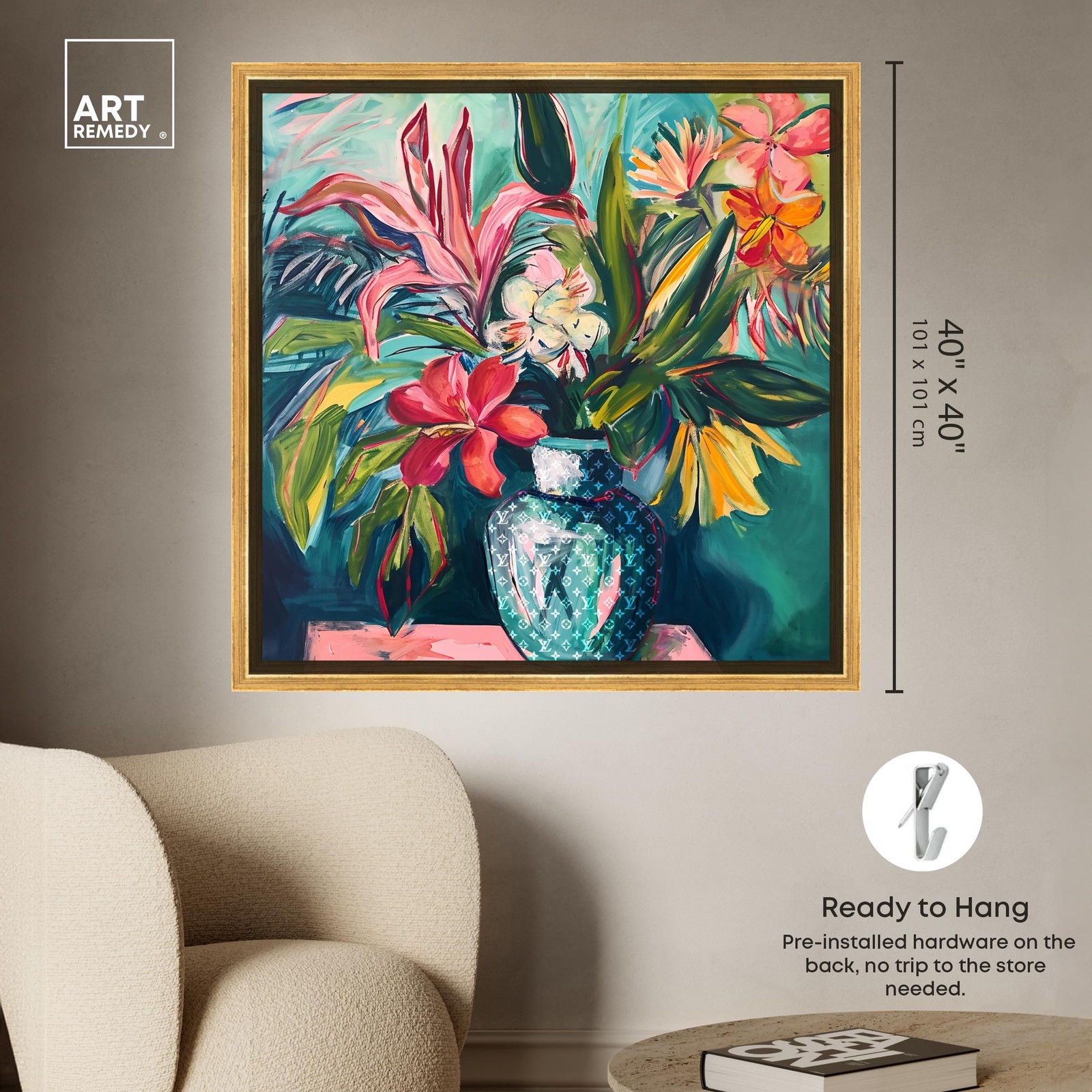 Vase Of Tropical Flowers Framed Flowers In Vase Paintings, 41.5″ x 41.5″, Gol…