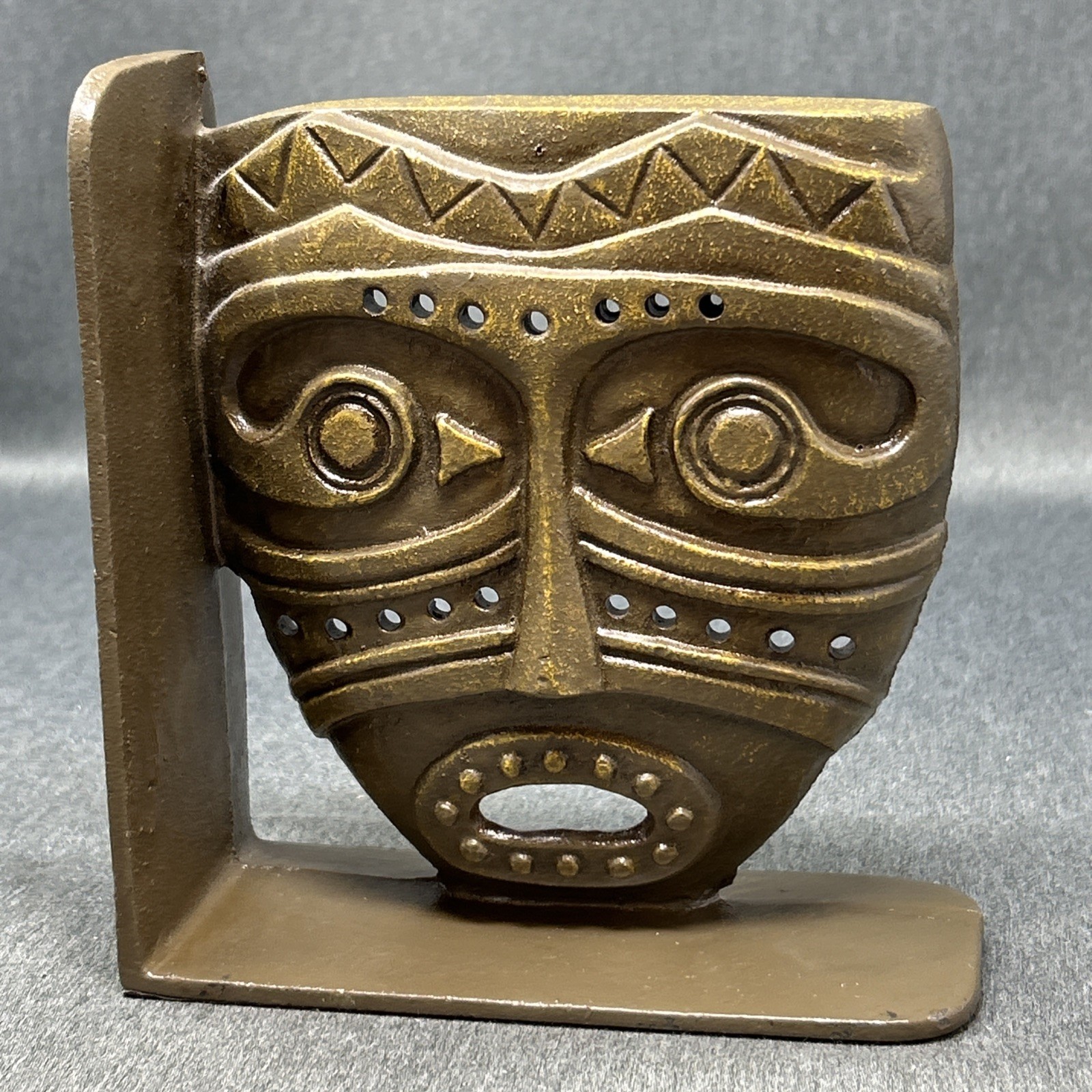 Old Pier 1 Imports Tiki Mask Metal Bookend Heavy Tribal Aztec SINGLE Gold