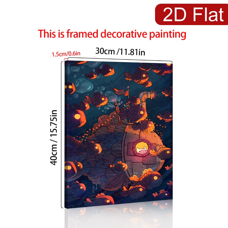 Underwater Submarine with Glowing Fish Canvas Wall Art, Whimsical Ocean Decor