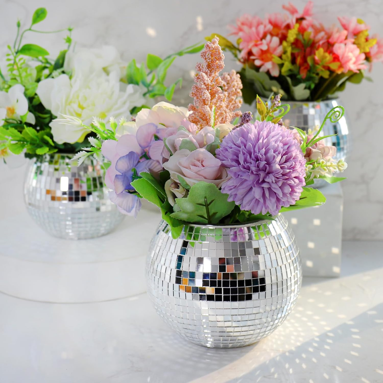 Disco Ball Planter Vase – Silver Mirror Glass Flower Pot for Events and Office