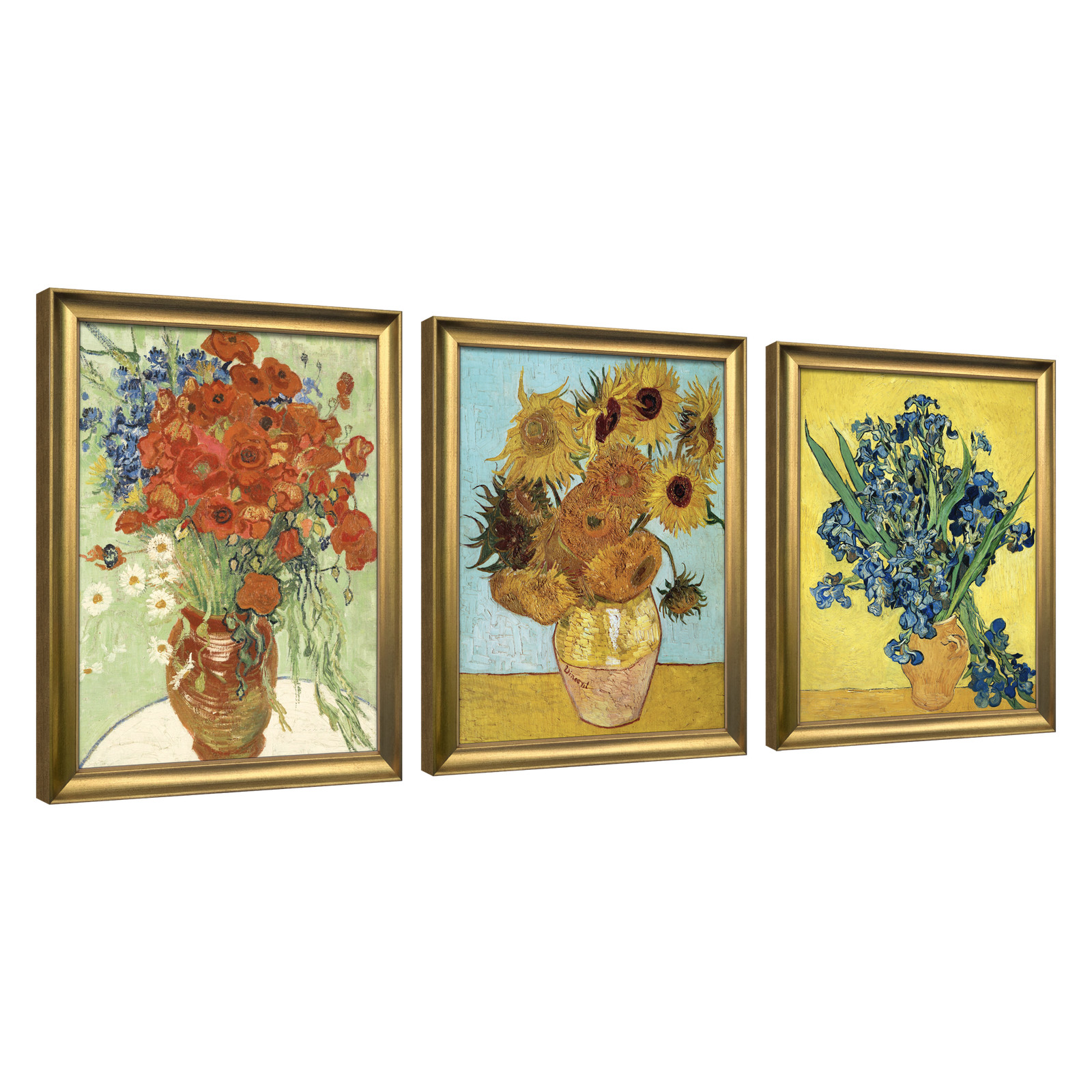 Framed 3 Panel Canvas Art of Van Gogh Red Poppies and Daisies Sunflower Irises