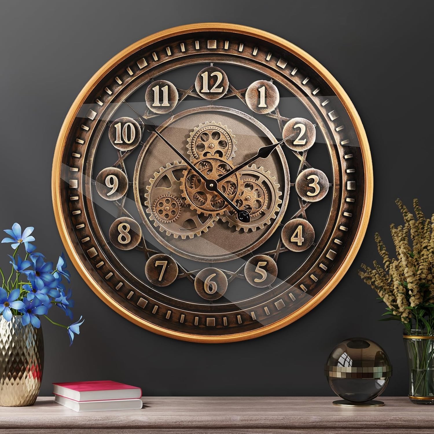 24 Inch Wall Clock with Moving Gears Large Industrial Steampunk Metal Clock Anti