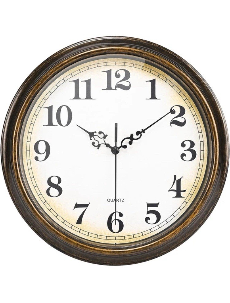 12 in Round Quartz Analog Hanging Wall Clock, Arabic Numerals, Brown/Gold