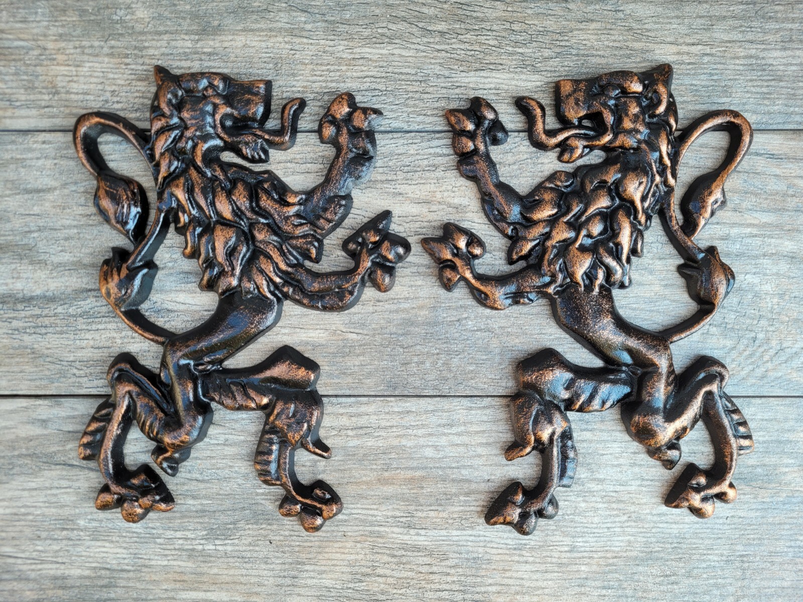 TWO, Lion Wall Plaque, Royal Medieval Old World Decor, Metal Art Hand Painted
