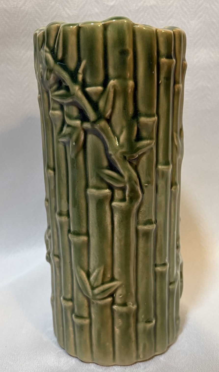 Vintage MCM Bamboo Vase Green Ceramic Tiki Planter Orchids Hawaii Style B-646