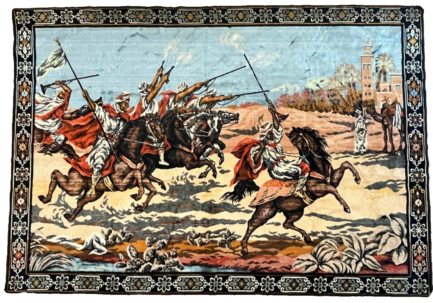 Vtg HUGE 70’s ARABIAN KNIGHTS Wall Middle East Velvet TAPESTRY 69″ x 48″