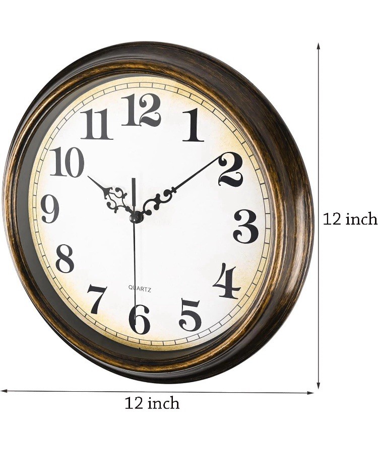 12 in Round Hanging Wall Clock Quartz Analog Brown Frame Arabic Numerals