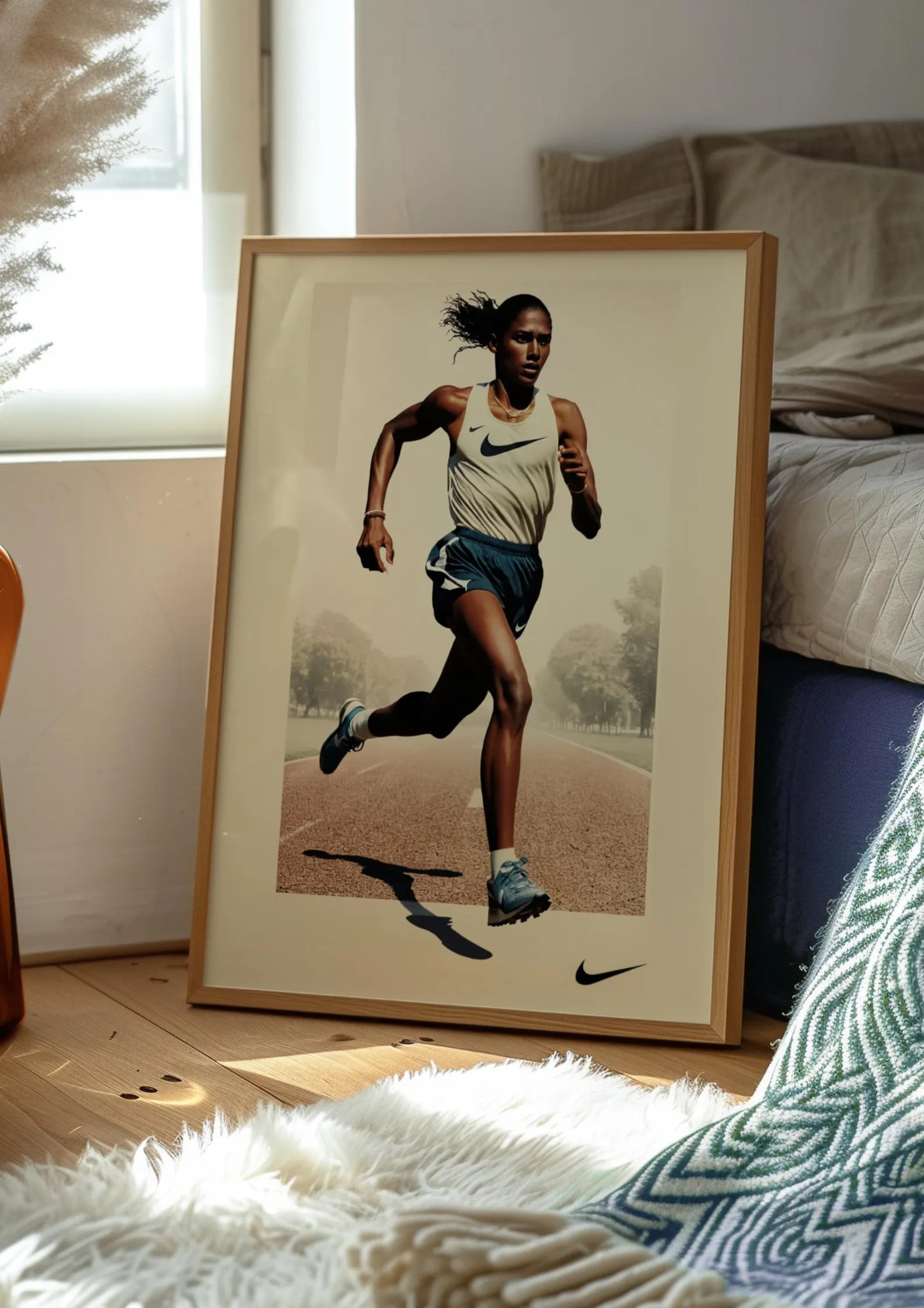 Vintage Nike Poster, Woman Running Framed Print, Retro Art, Midcentury Modern