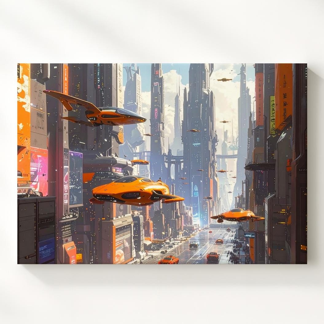 Futuristic Neon Cityscape Canvasflying Vehicles And Towering Skyscrapers Wall