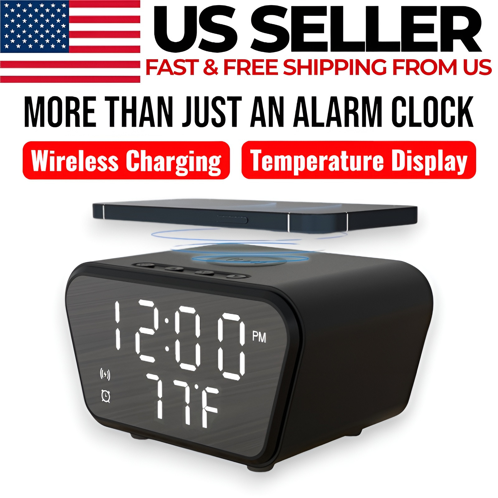 Wireless Charging Alarm Clock with Temperature Display, LED Nightstand Clock