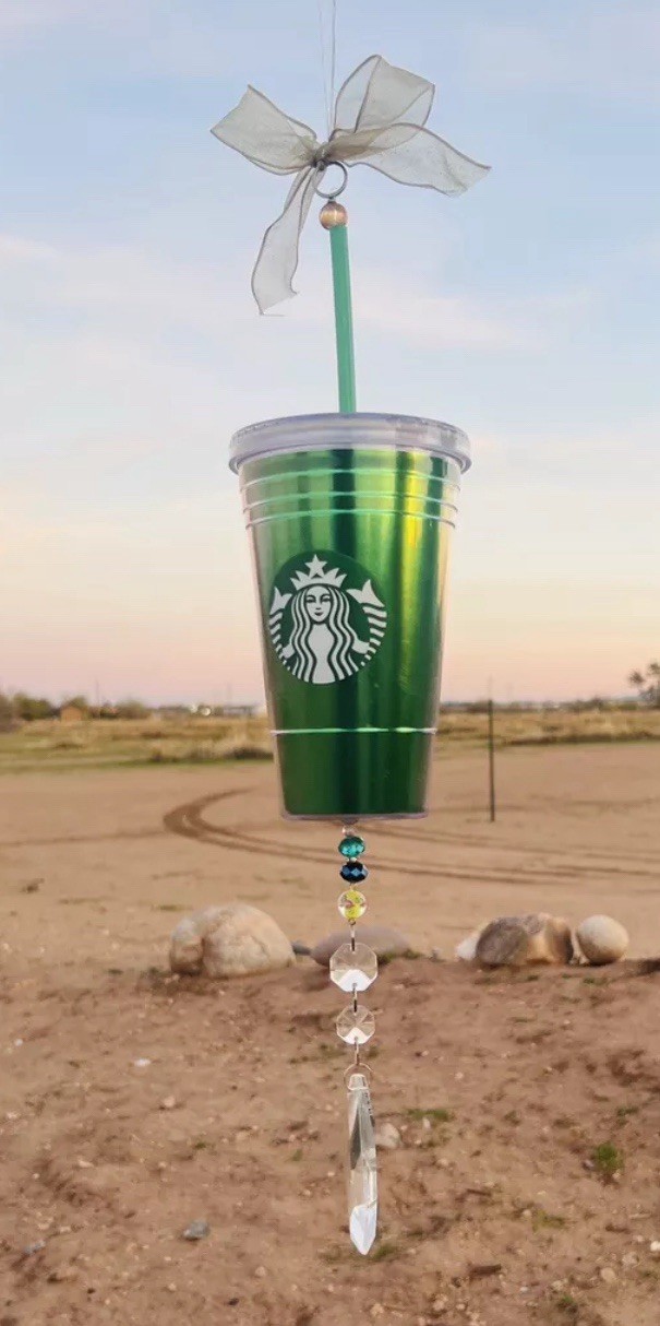 OOAK Starbucks Suncatcher Hanging Mobile Rainbow Swarovski Crystal Handmade