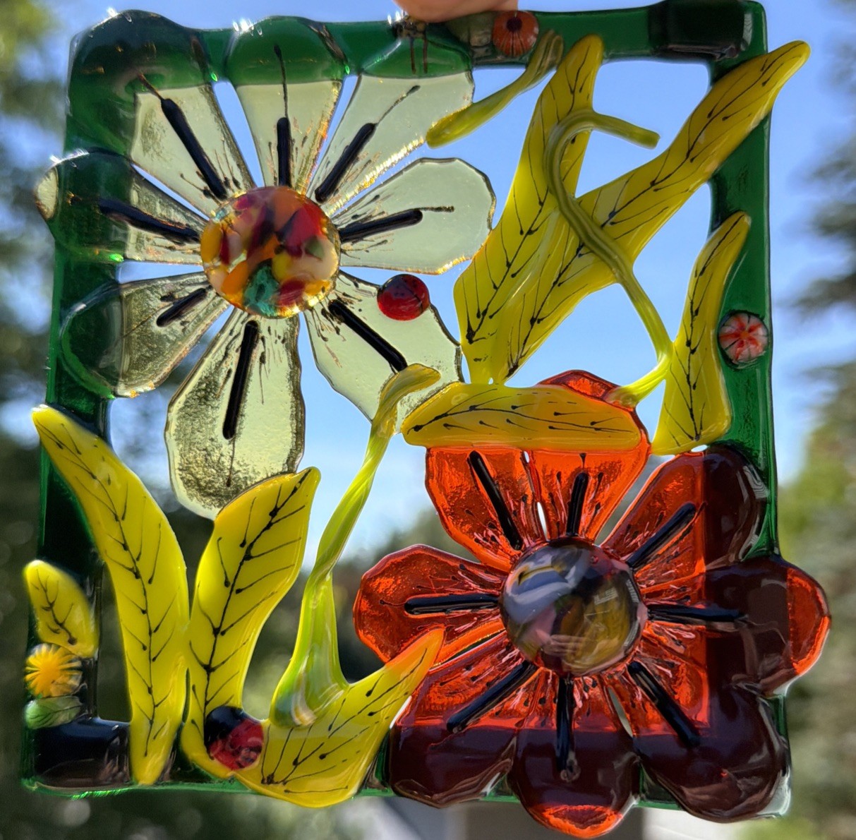 Fused Glass Handmade Rectangular Multicolor Sun Catcher Signed By Artist