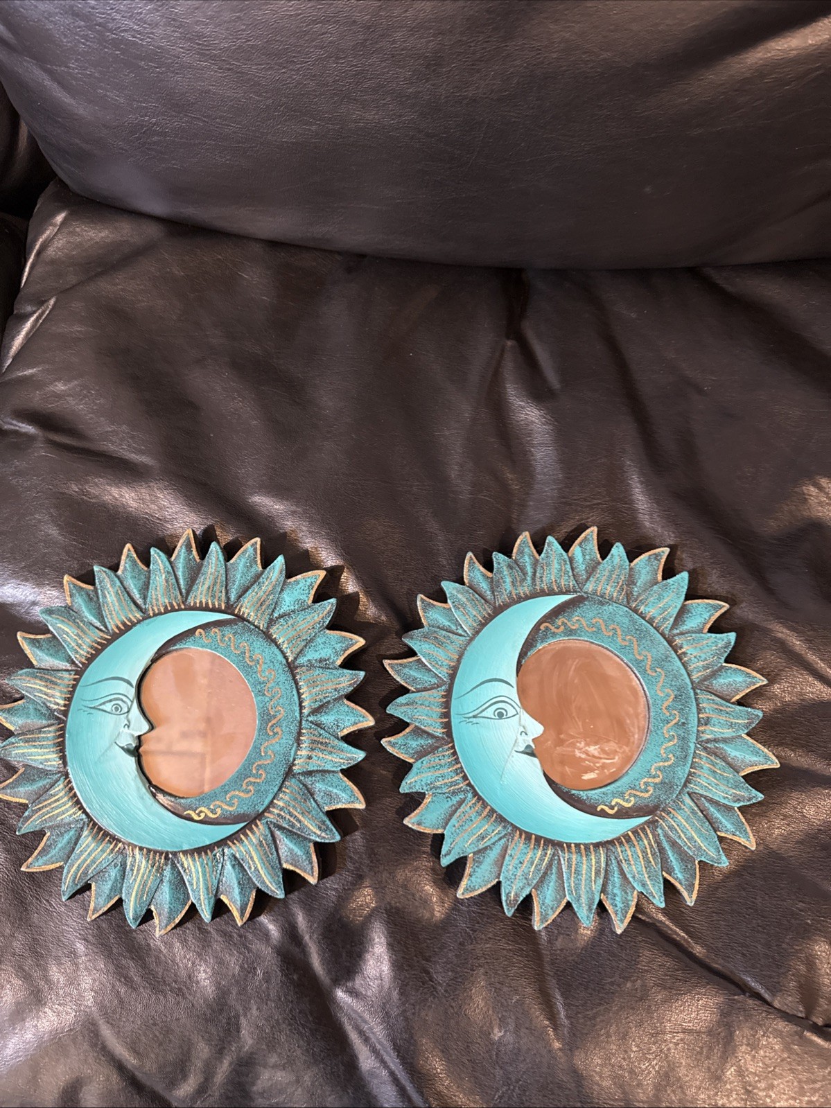 TWO VINTAGE MOON MIRROR 8″ WOOD AND GLASS READY TO HANG
