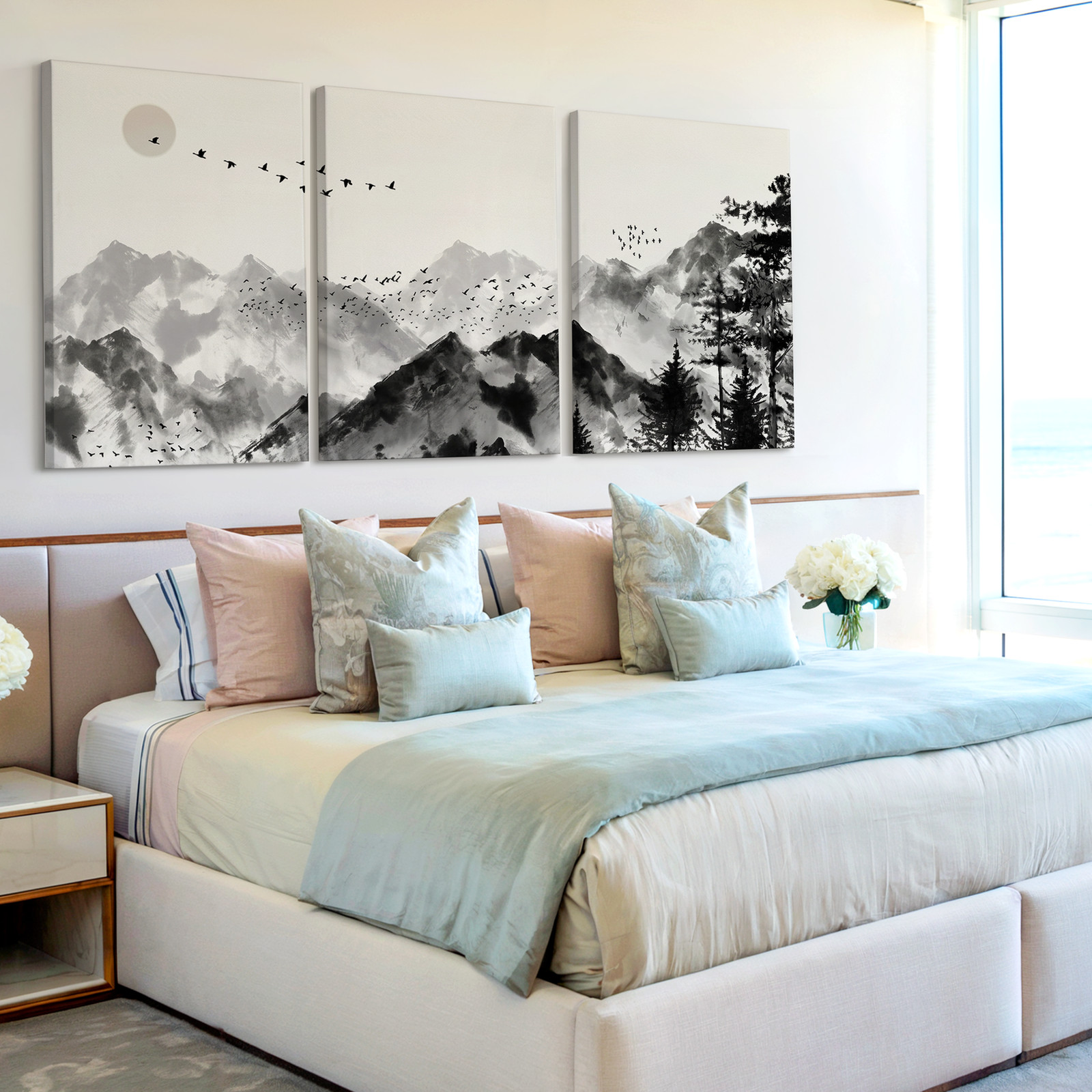 3 Pieces Monochrome Mountain Landscape Birds Sun Large Wall Art for Set Of 3