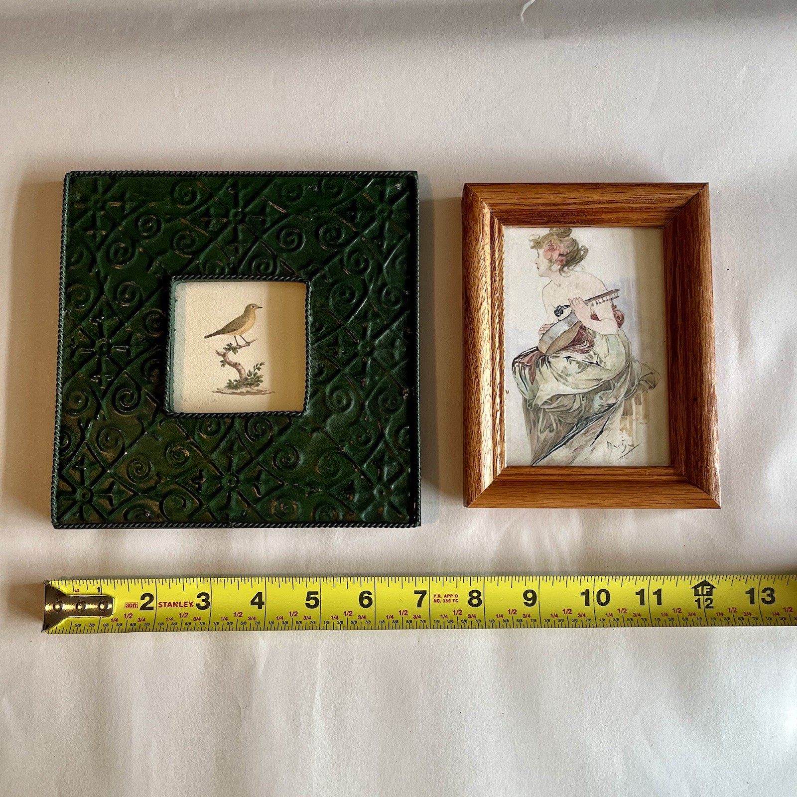 Vintage Wood Green Metal Picture Photo Frames w/ Fine Art Prints-Set of 2