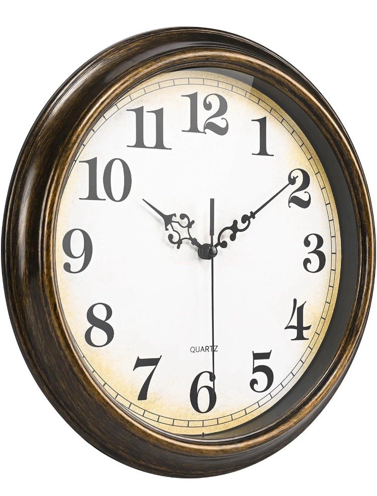 12 in Round Analog Quartz Hanging Wall Clock Brown Frame Arabic Numerals