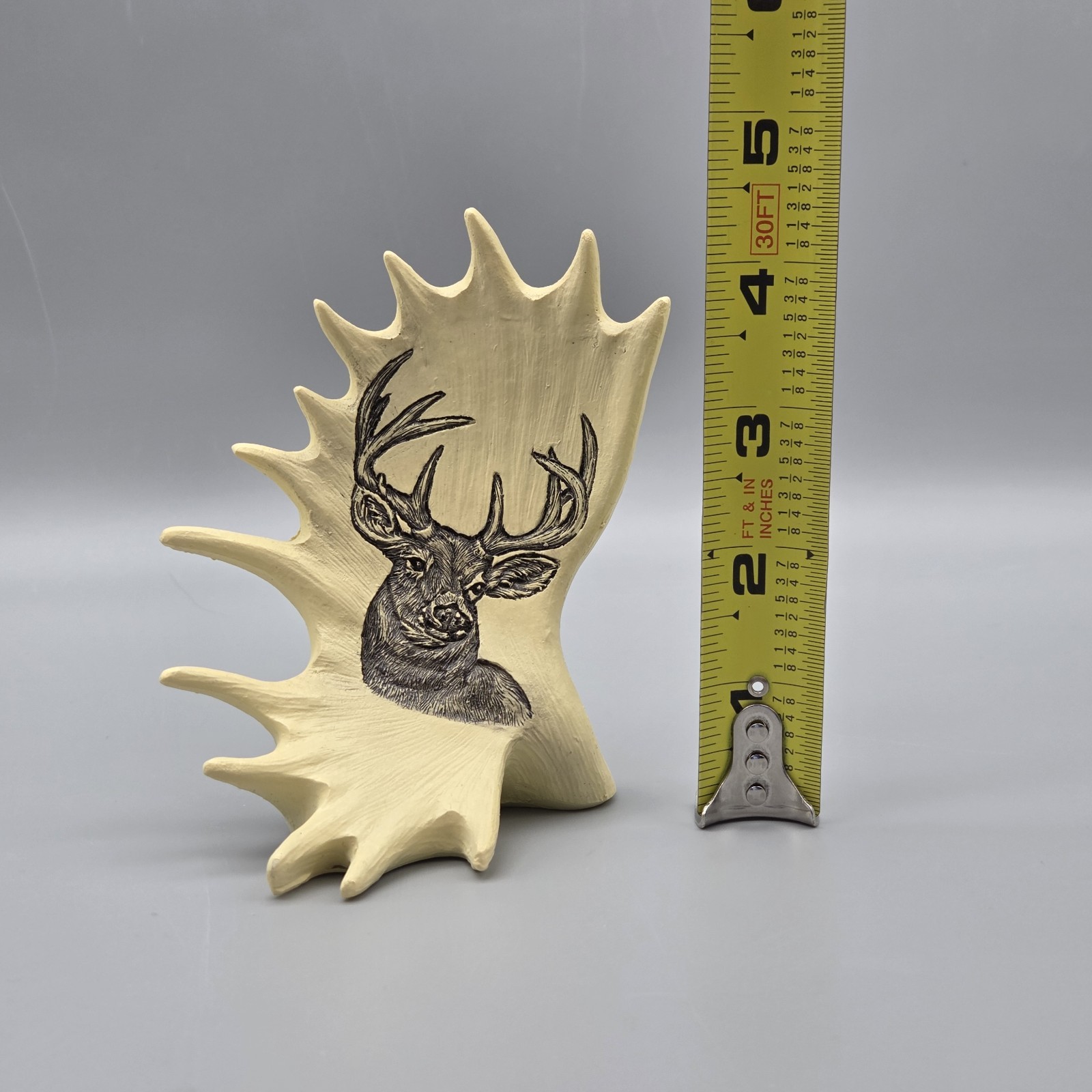 Antler Shaped Figurine With Elk Deer Carving 4.5″ Rustic Hunting Farmhouse Decor