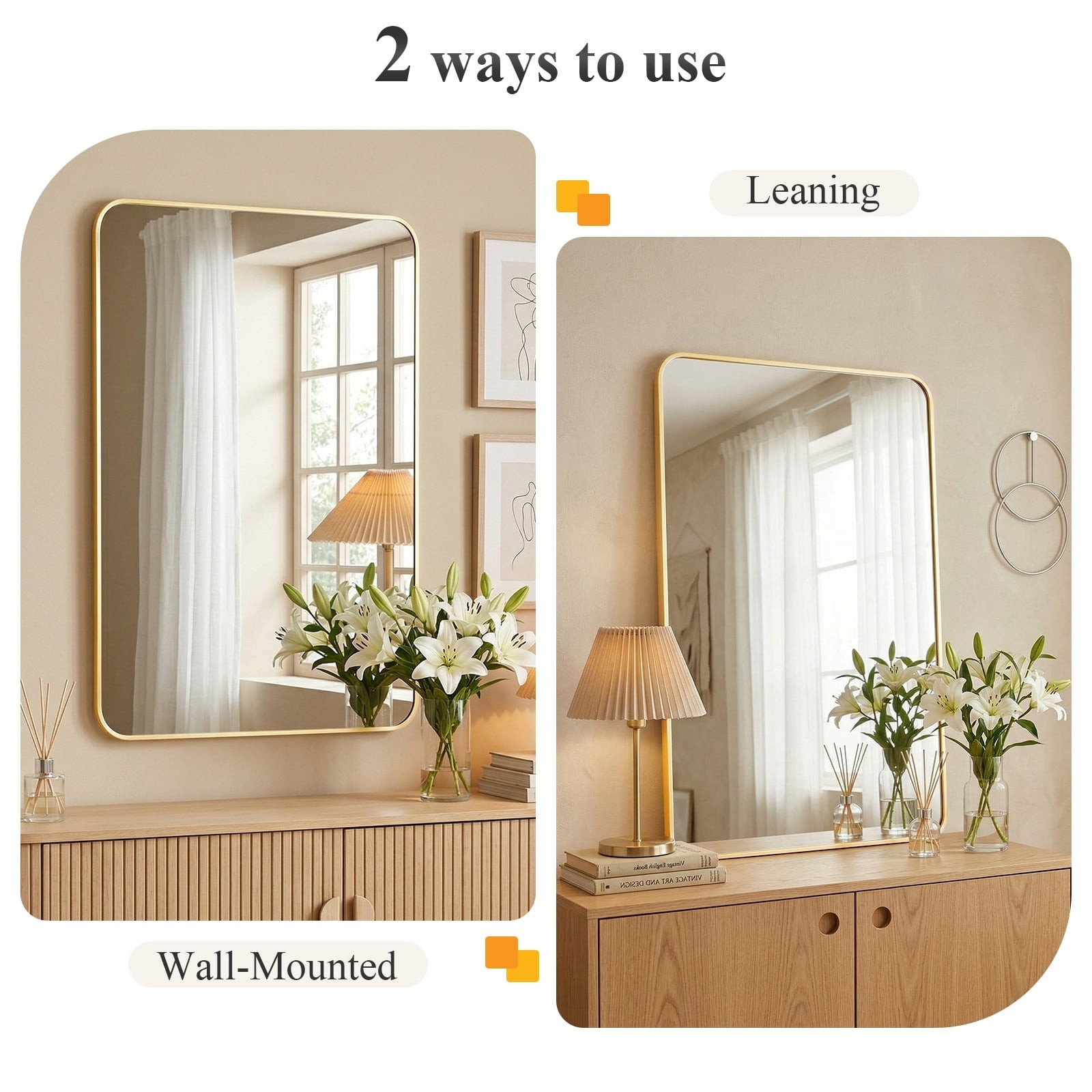 5 Size Choice Rectangular Bathroom Mirror w/Round Corner&Metal Frame,Wall Mirror