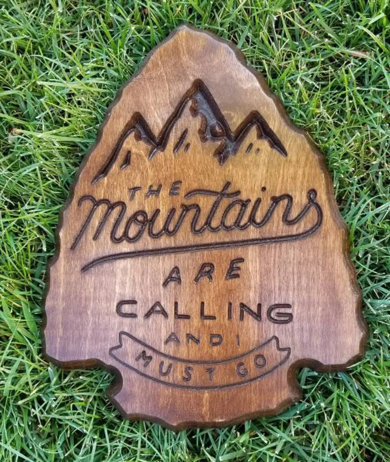 THE MOUNTAINS ARE CALLING WOOD CARVED SIGN MADE LOCAL 12X15 INCHES RUSTIC DECOR