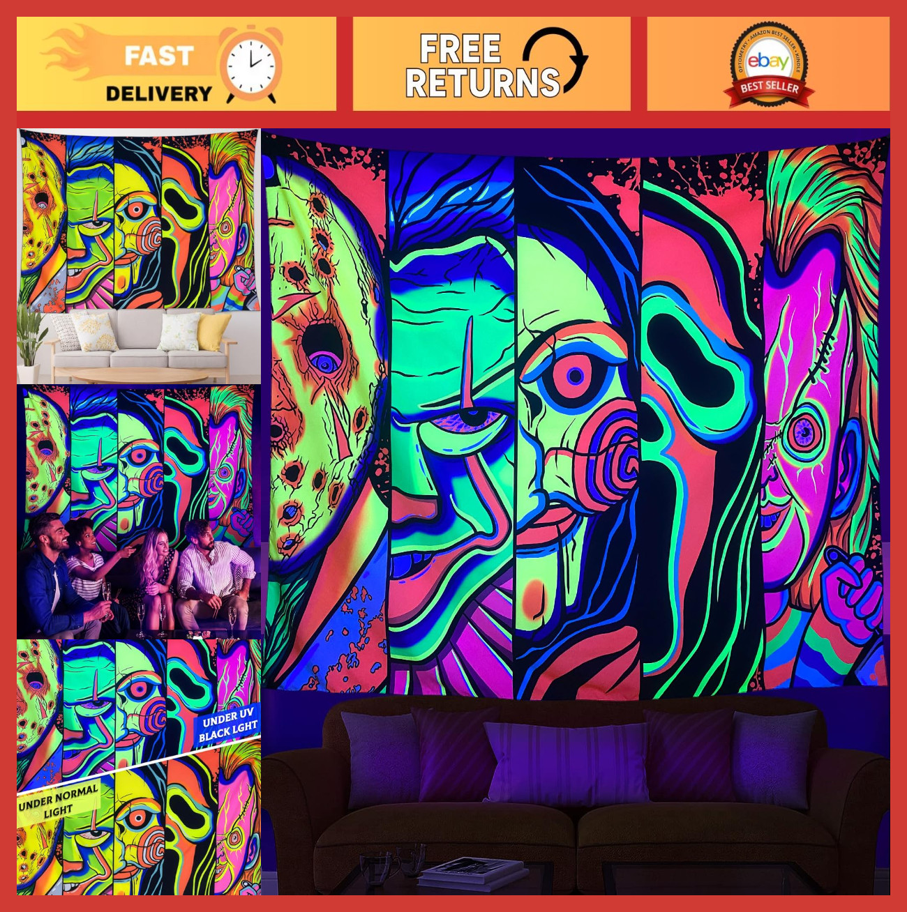 Trippy UV Reactive Blacklight Tapestry Halloween Decor Glow in Dark 59″x78″