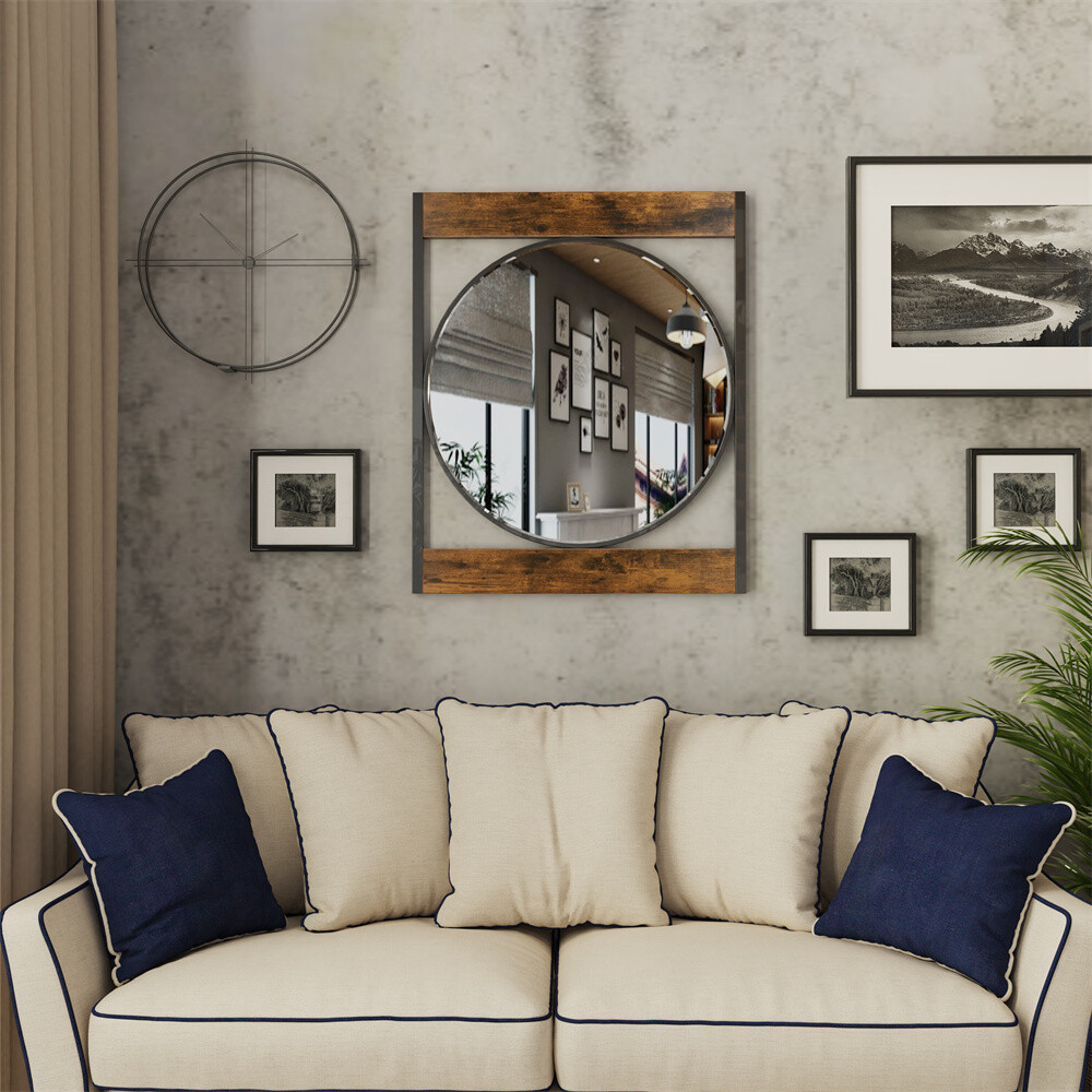 Farmhouse Metal Round Mirror in Square Frame Wall Decor for Bathroom Living Room