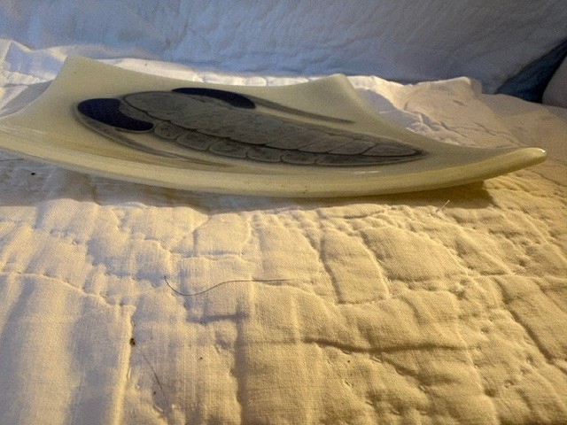 Handmade 8″ glass dish with trilobite on front signed by Jane Hartman on back