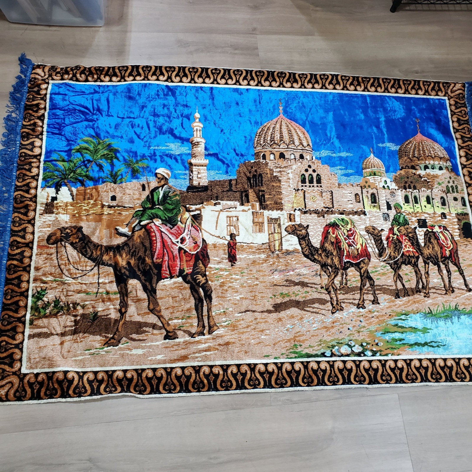 Vintage Camel Caravan Tapestry 68 X 48 Wall Hanging Mosque Desert Scene Velvet