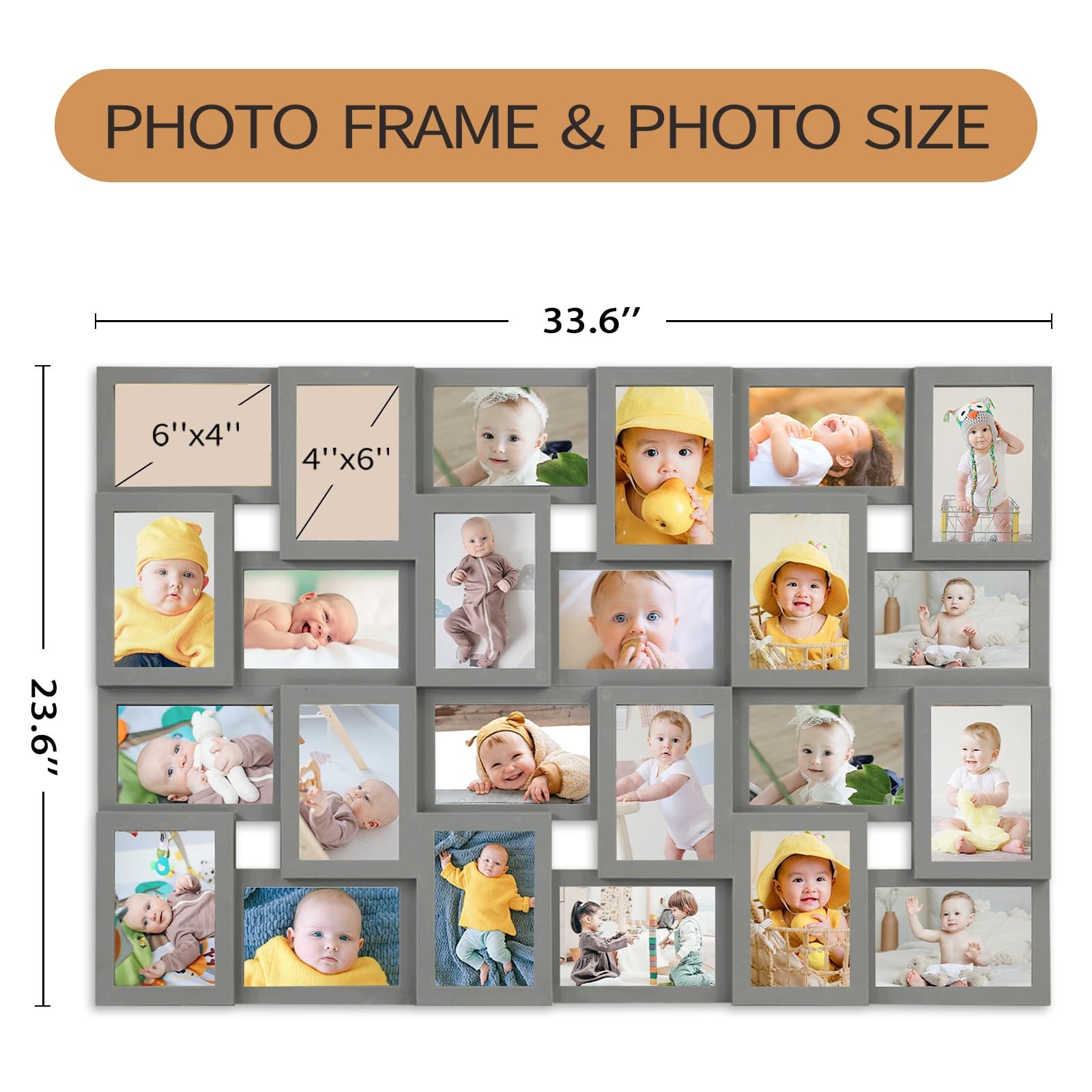 Grey 24-Opening 4×6 Collage Frame for Family Photos & Wall Decor
