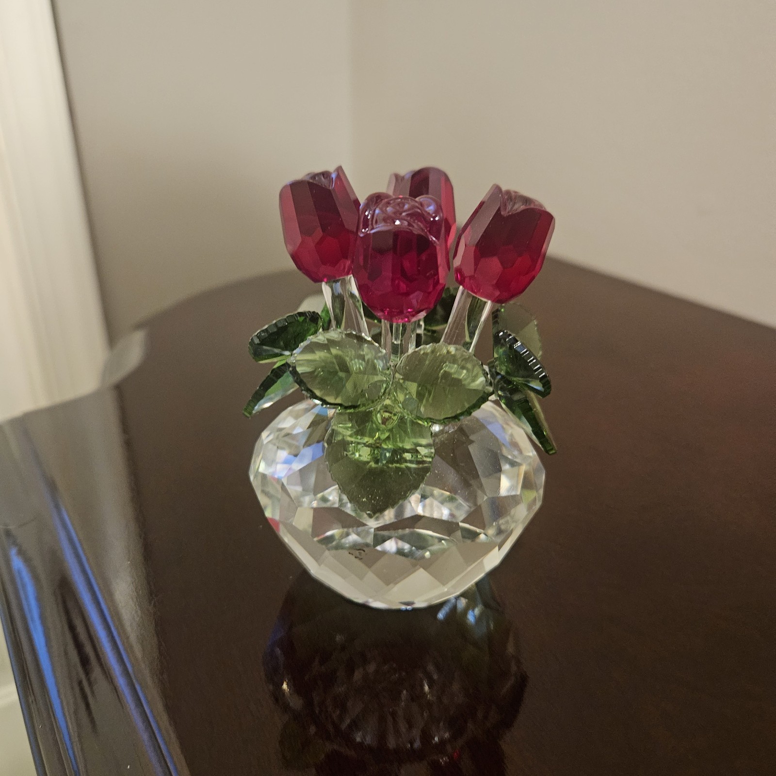 Crystal Red Rose Boquet Figurine H&D Hyaline Dora Free Standing In Box