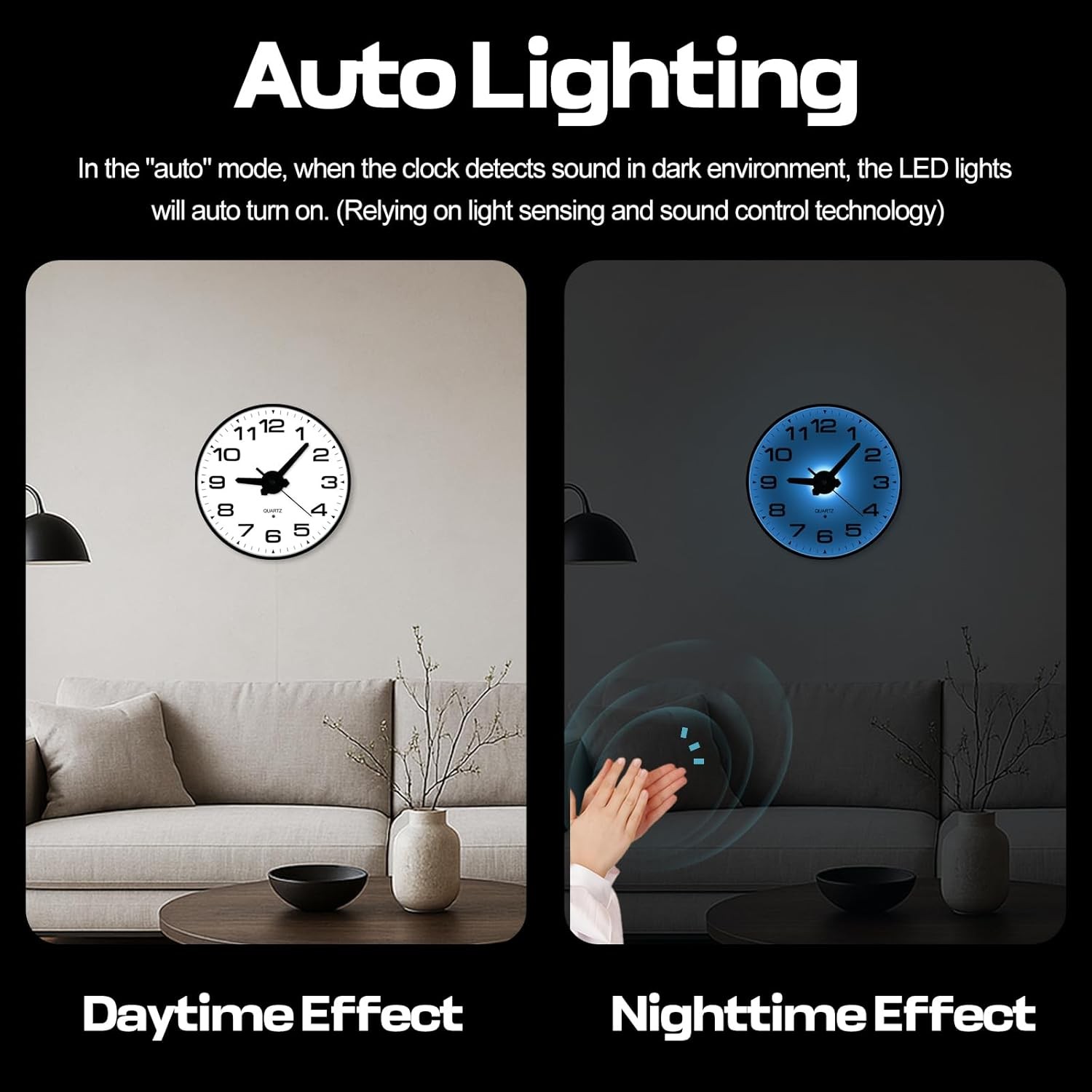 Night Light Wall Clocks Battery Operated, 8 Inch Silent Wall Clock for Bedroom N