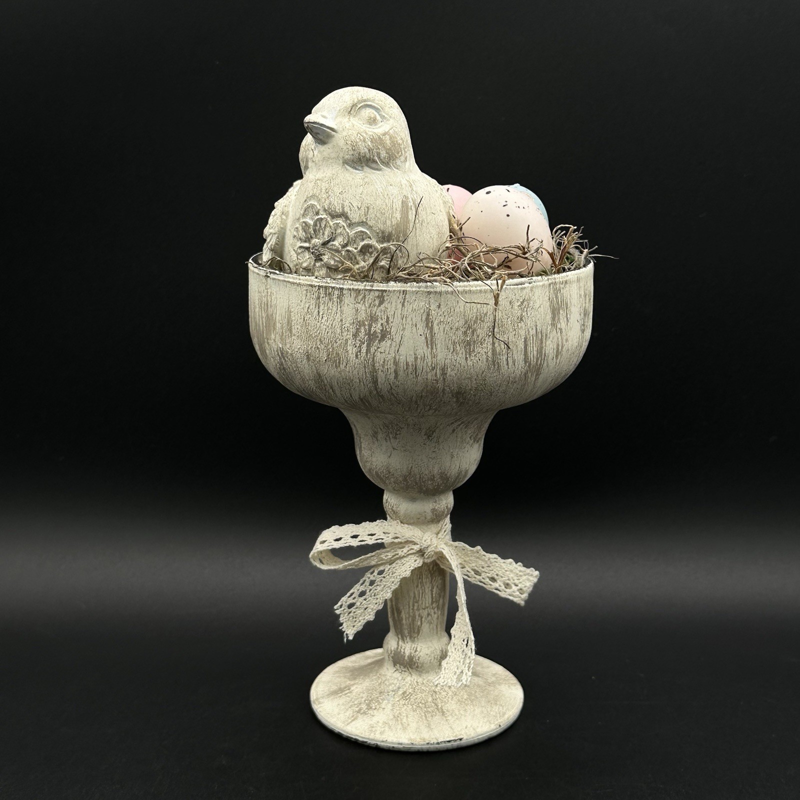 Resin Bird Decor Glass Cup White Distressed Farmhouse With Plastic Eggs 9 Inch