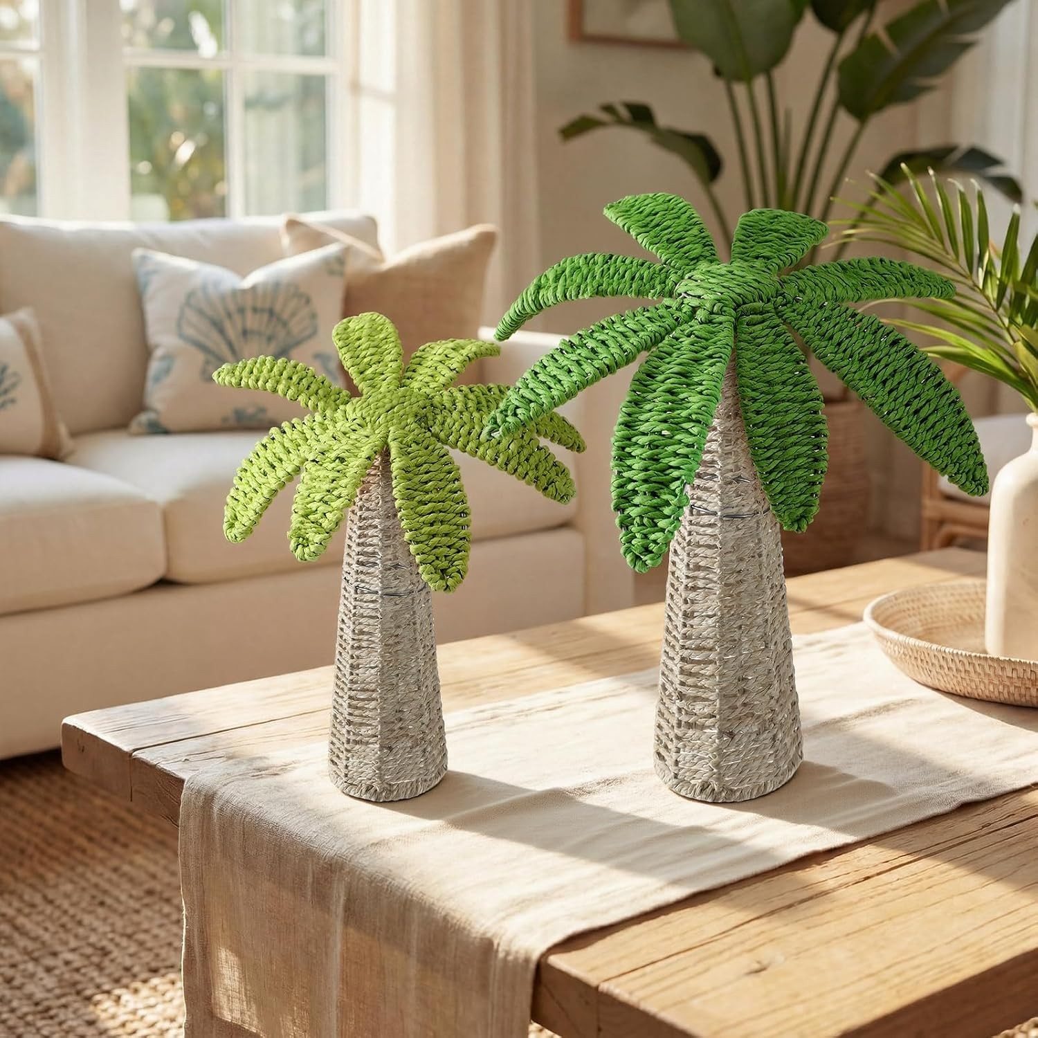2 Pcs Weave Palm Tree Tabletop Decor, 9.8″ & 7″ Woven Rattan Palm Trees Tropical