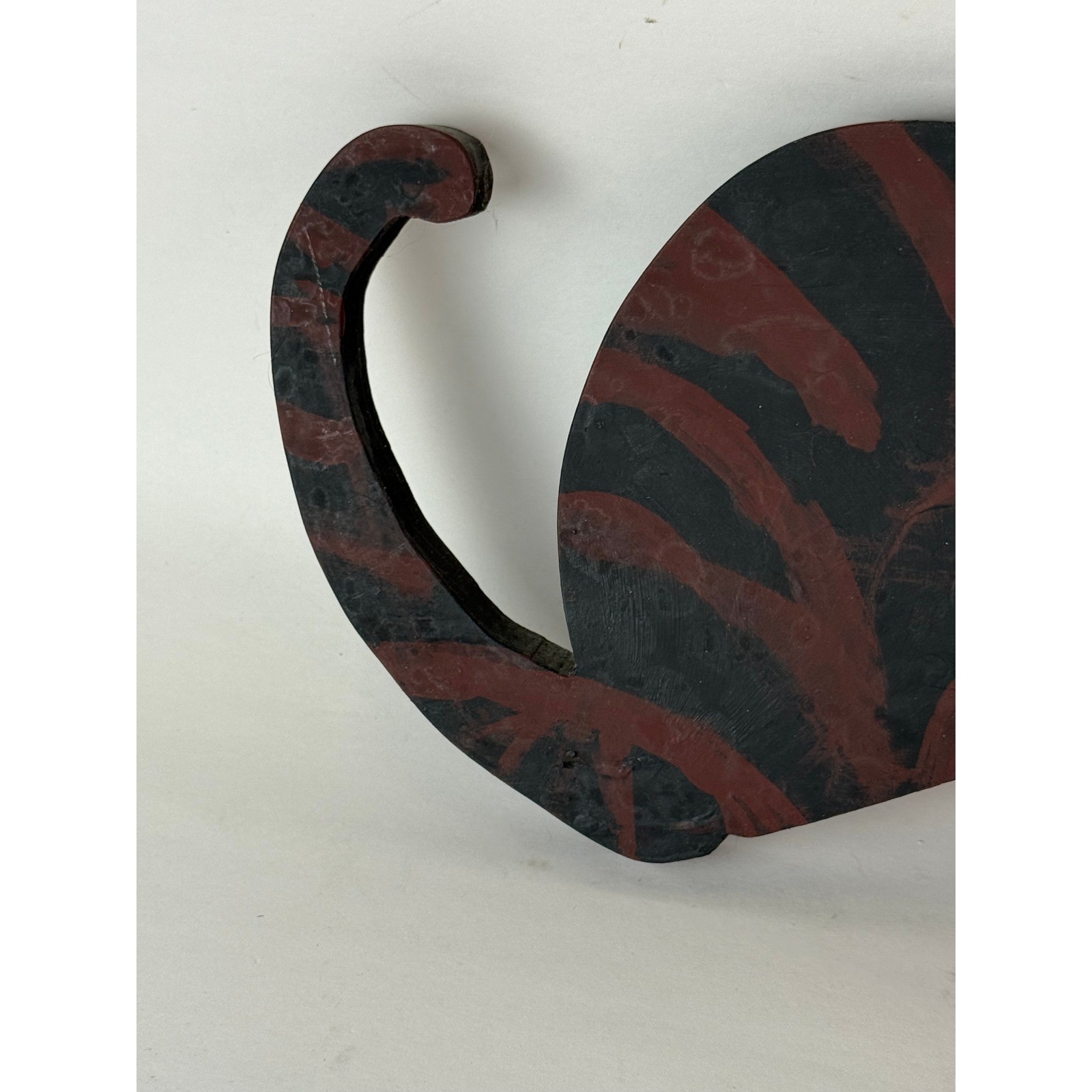 Vintage Hand Painted Wooden Cat Shelf Sitter Black Brown Striped 11 Inch
