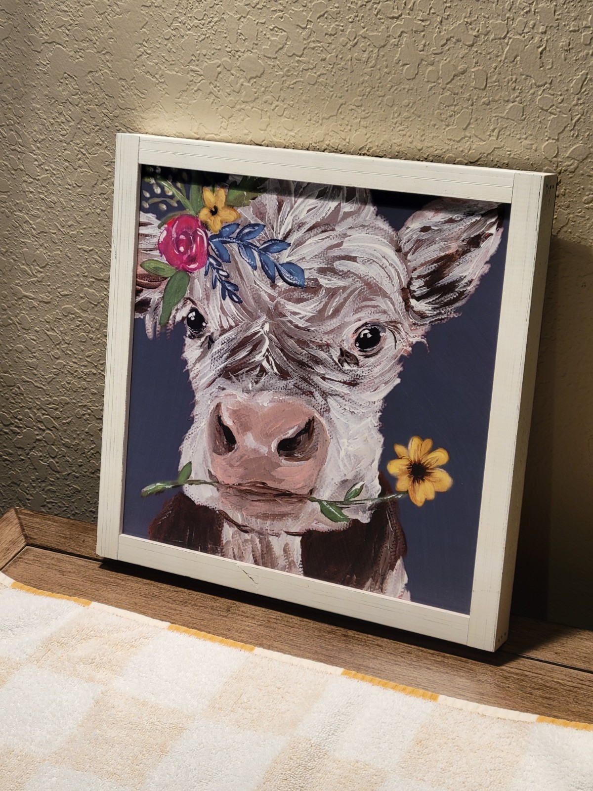 Cow Picture With Wood Frame 13 1/8 X 13 1/8 X 1 1/4 Inches.