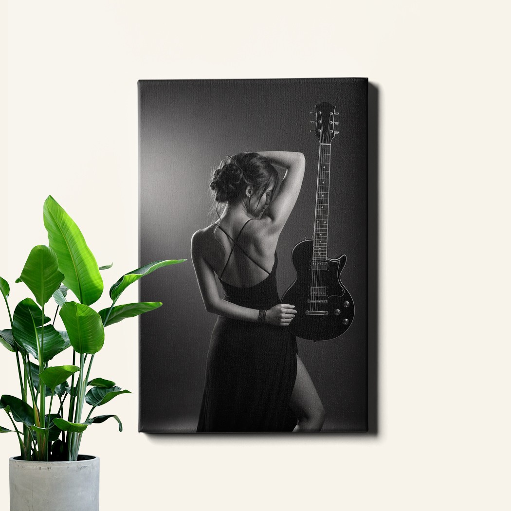 Monochrome woman silhouette with electric guitar Canvas Art figure music theme
