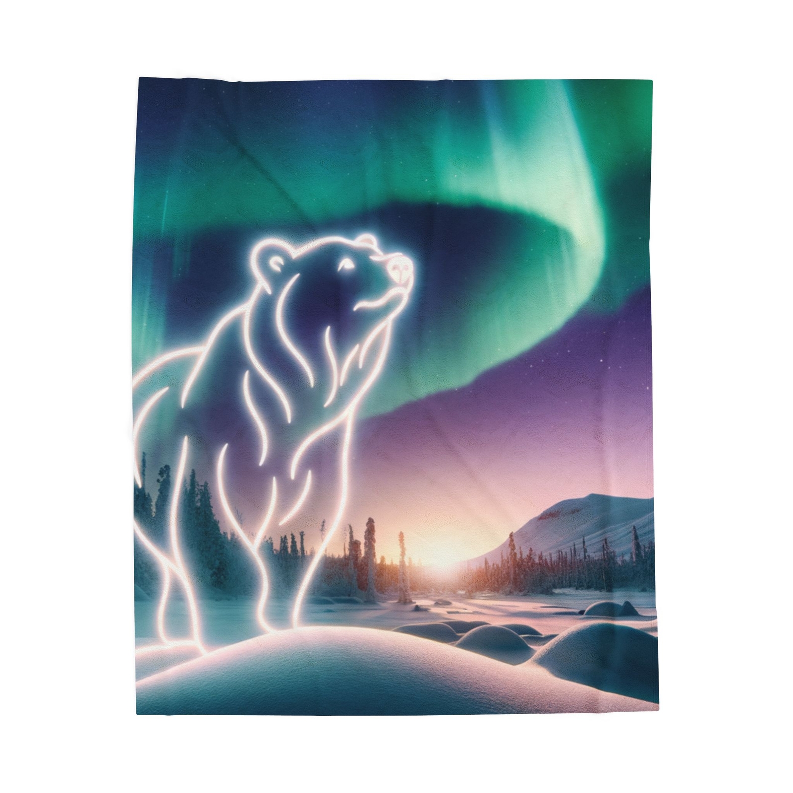Velveteen Plush Blanket Aurora Bear with Polar Lights