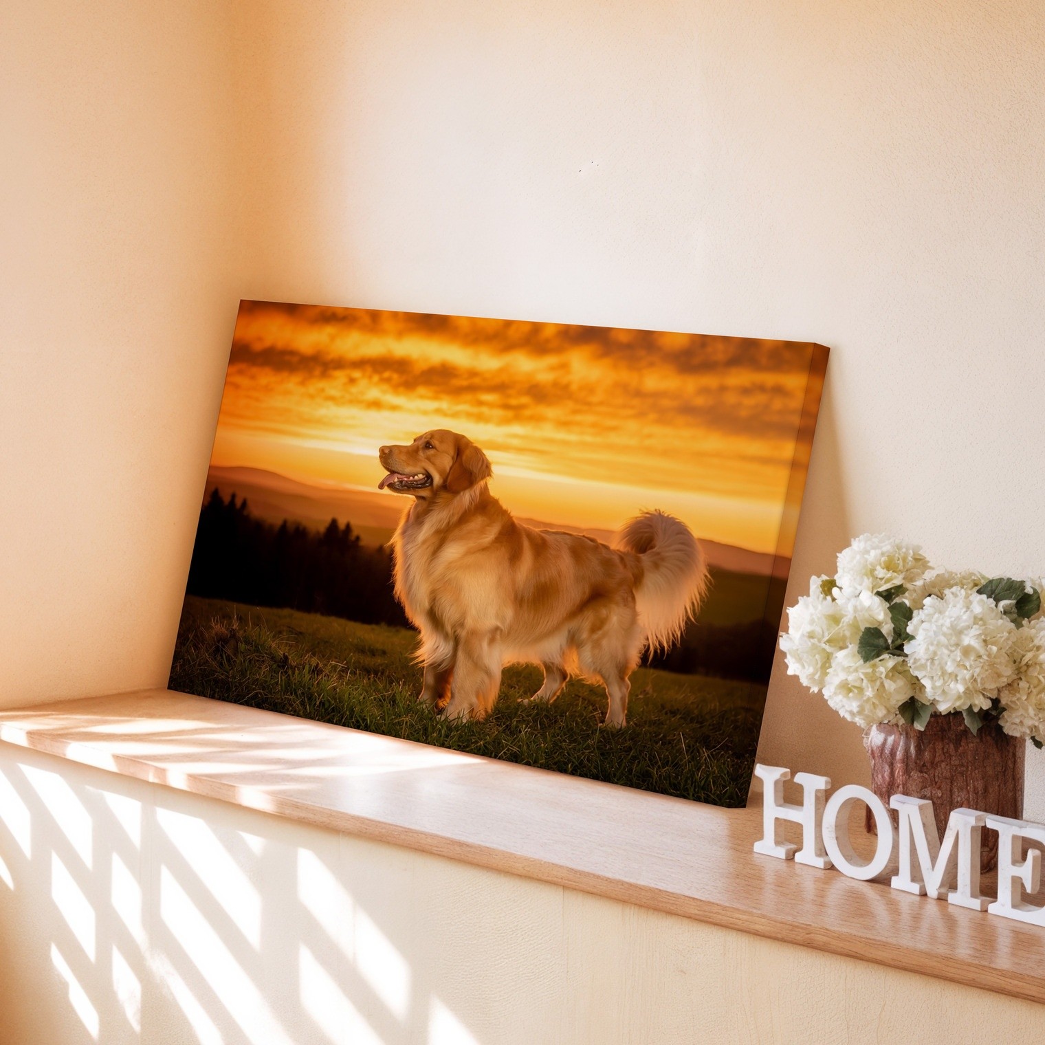 Golden retriever dog standing in grass at sunset canvas wall art print 78 Decor