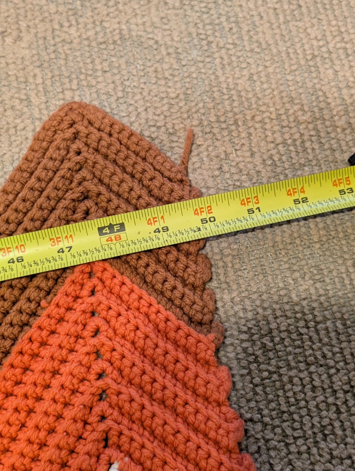 Retro Handmade Brown & Orange Herringbone Zig Zag Crochet Afghan Blanket 52″x50″
