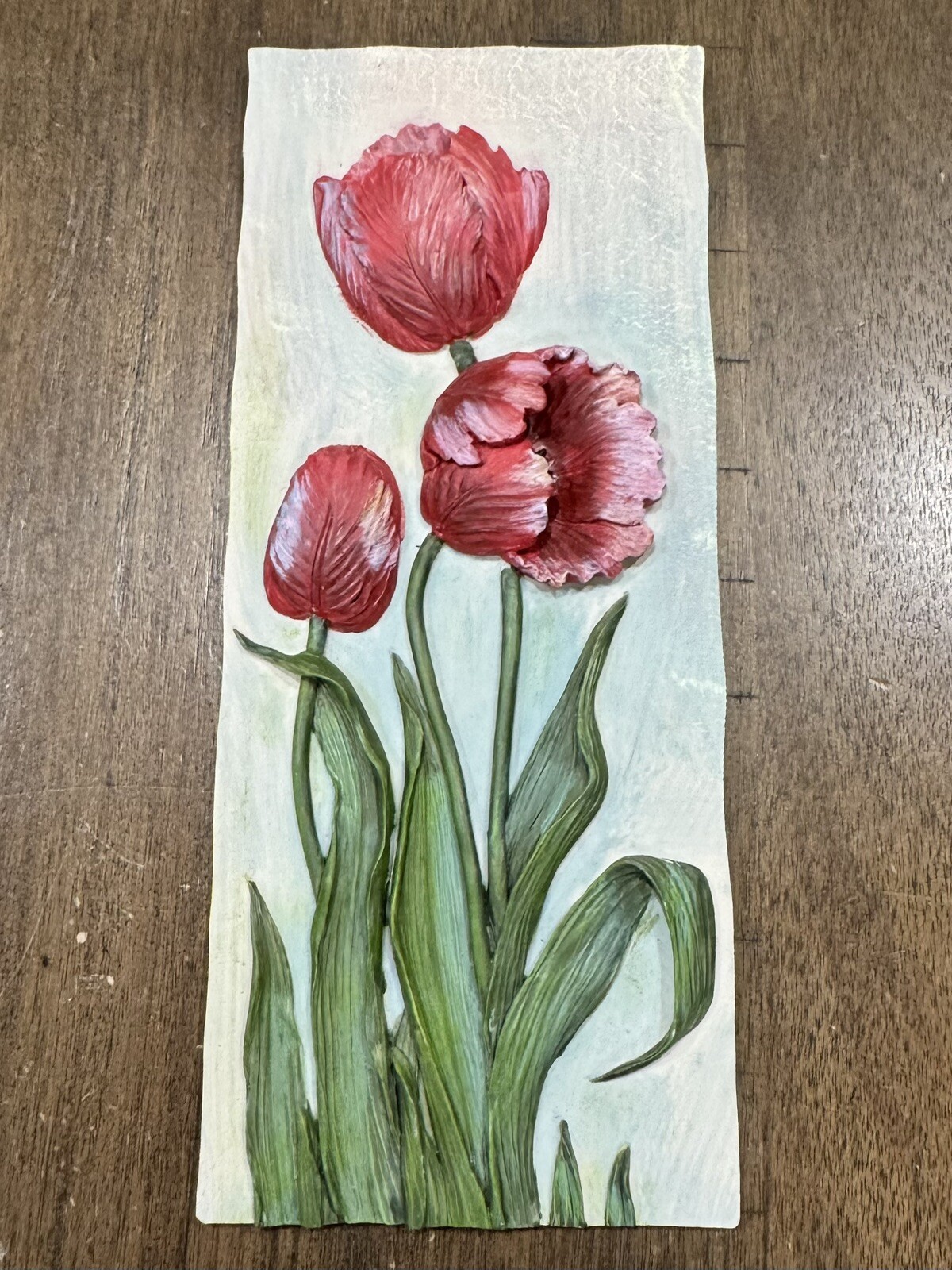 Vintage Red Tulips Wall Art Slate Textured 8.5”x3.5” in EUC