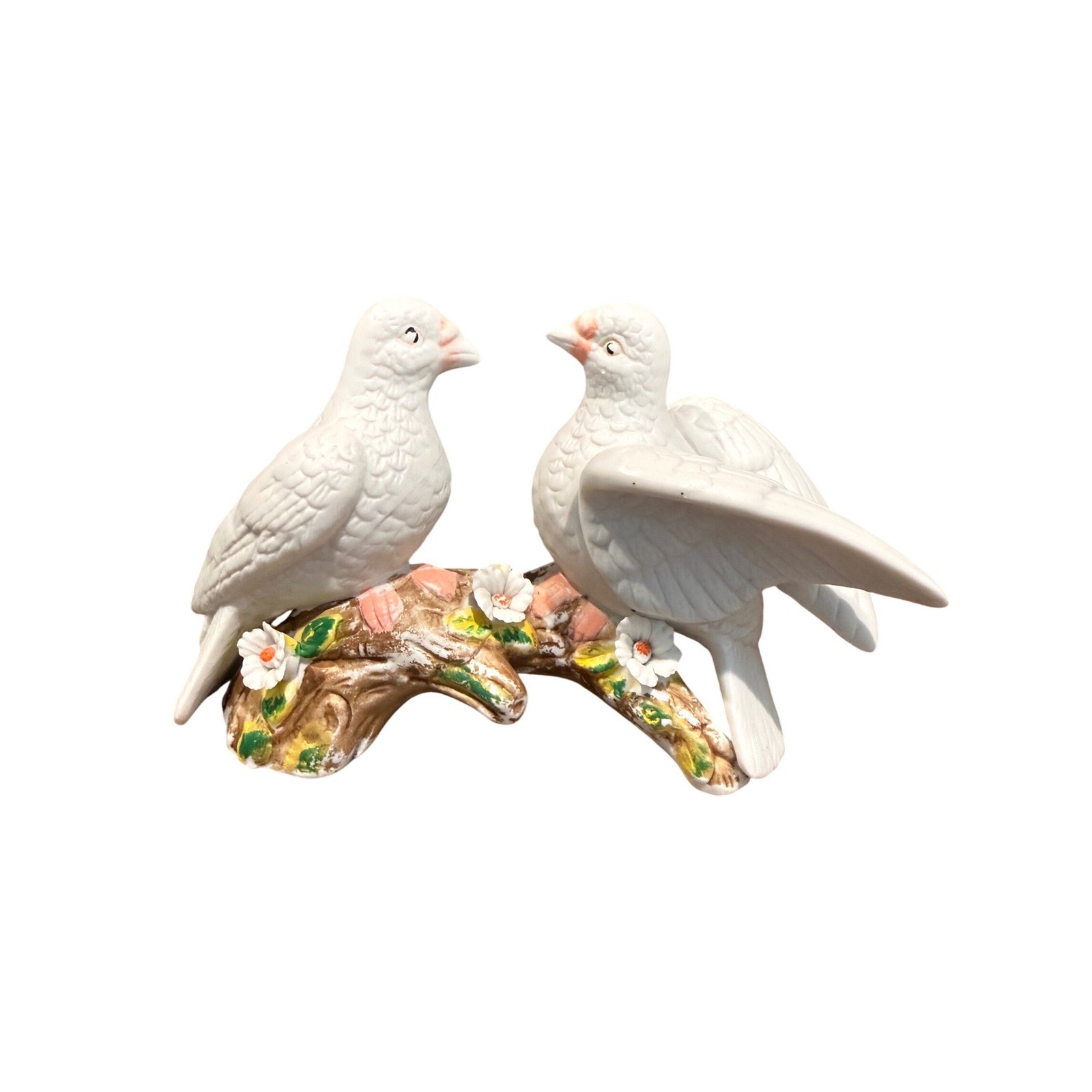 Vintage Ceramic White Doves Figurine Two Birds on Branch with Flowers Decor