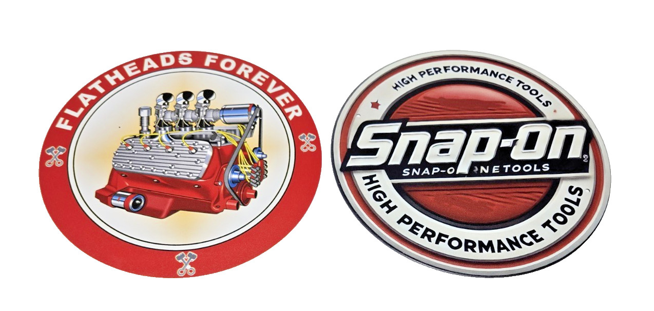 FLATHEADS FOREVER – SNAP-ON TOOLS — 8 inch ROUND RETRO TIN SIGNS — GARAGE ART