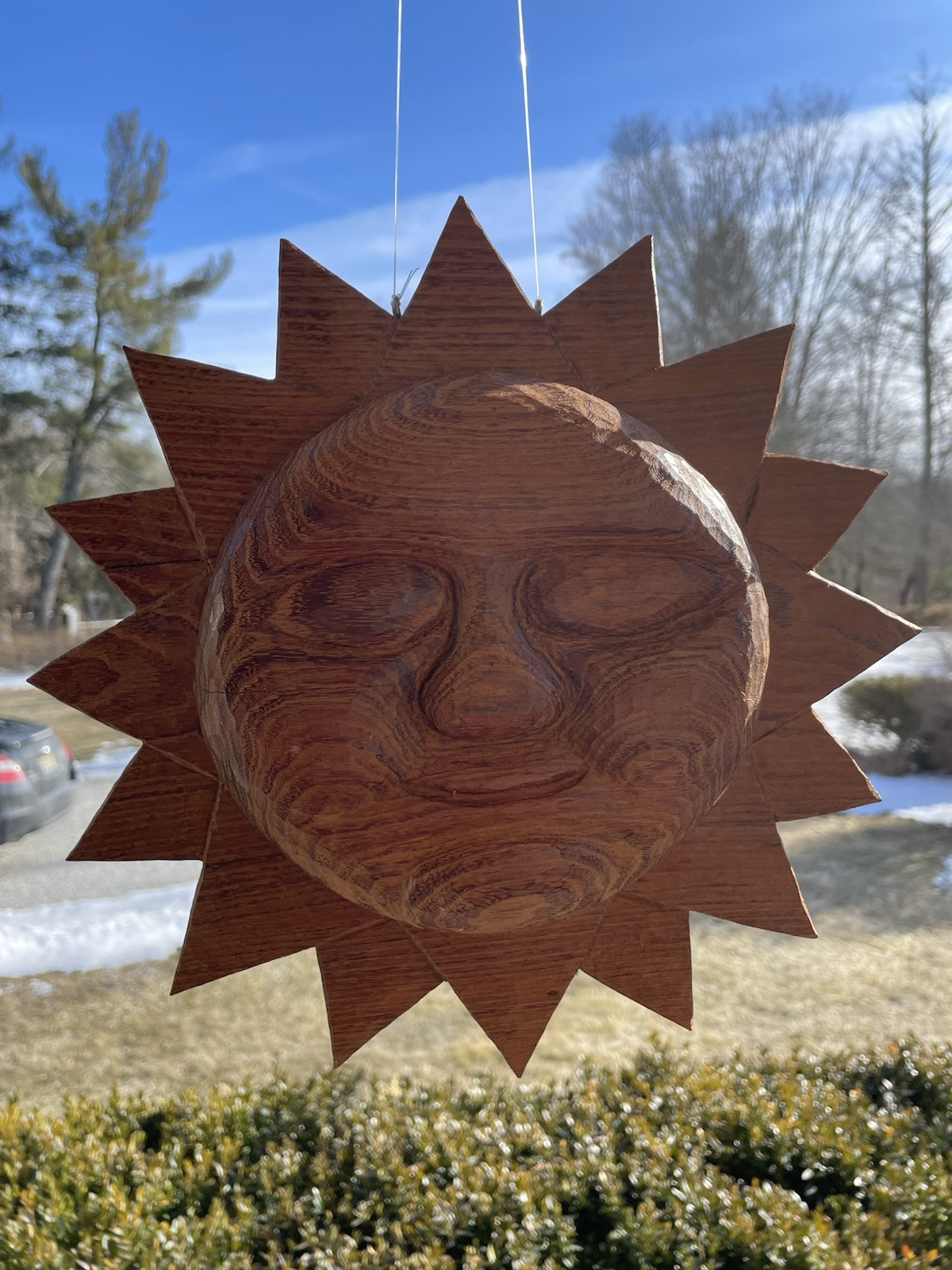 Carved Hard Wood Sun Face 3D Wall Hanging Double Sided Decorative