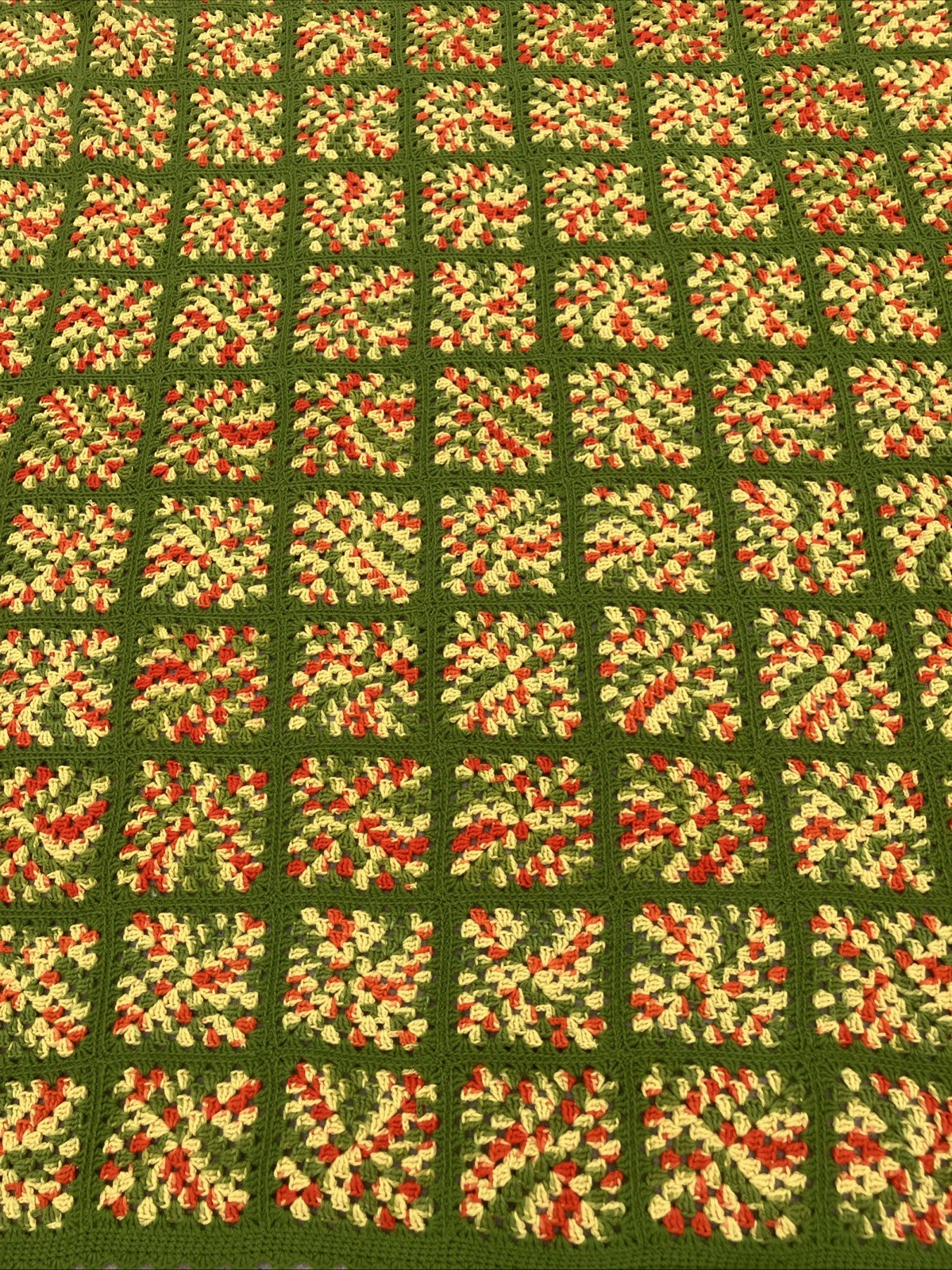 Granny Square Afghan Green Orange Yellow Blanket 60”x72” Psychedelic Spring