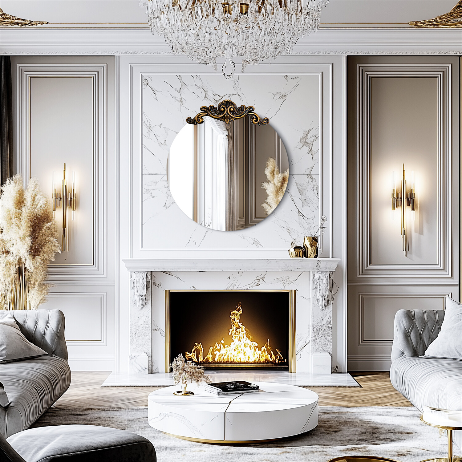 4 Sizes Baroque Round Wall Glass Mirror Top 3D Embossed Back Framed Art Decor