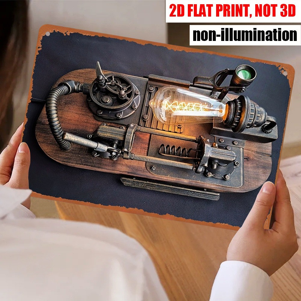 Steampunk Mechanical Lamp Metal Tin Sign Retro Industrial Wall Decor Loft Studio