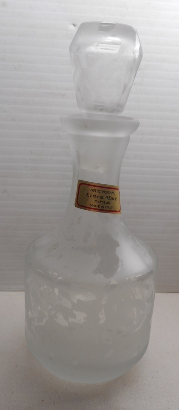 Arte Murano Linea Mary Kristall Clear Etched Glass bottle w/ stopper Made Italy