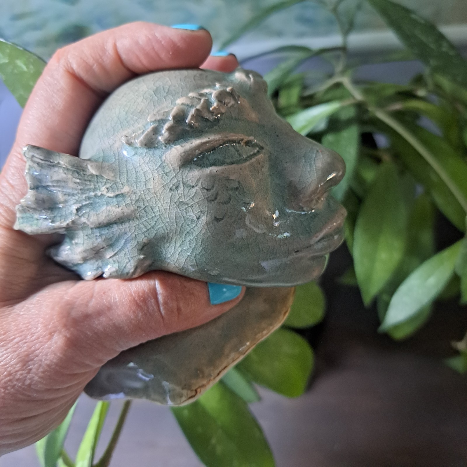 Green Alien Bust Studio Pottery Handmade Clay Figurine Statue Sculpture 4″x4″