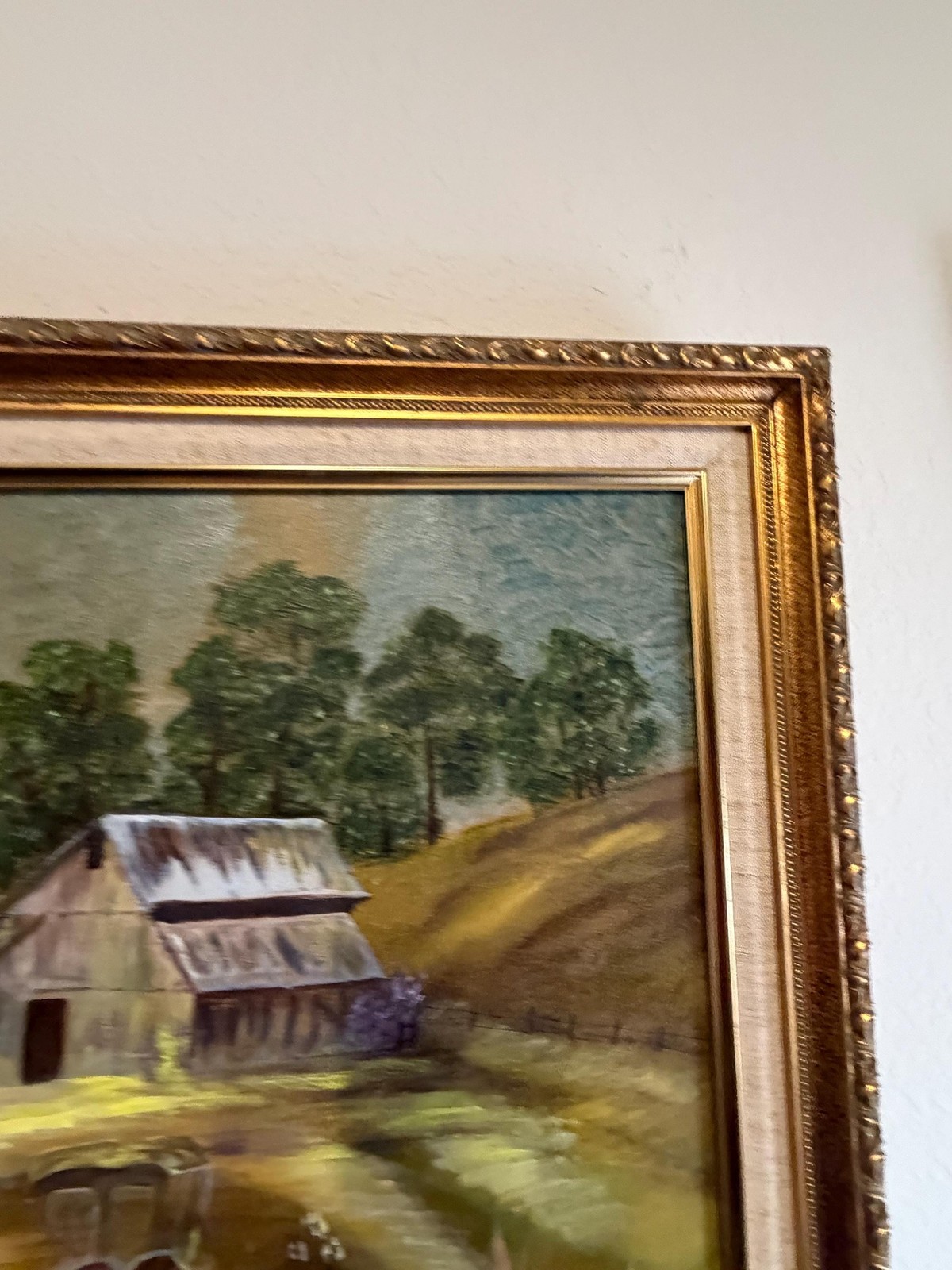 Vintage Oil Painting Signed Iva Frasier Barn Landscape 20×24 Gold Frame